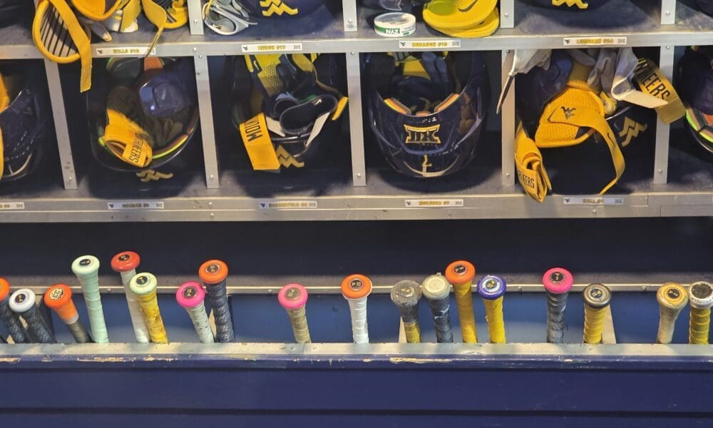 WVU Baseball Helmet and Bat STOCK PHOTO