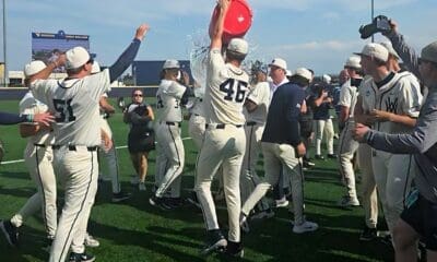 WVU Baseball celebrating Super Regional title