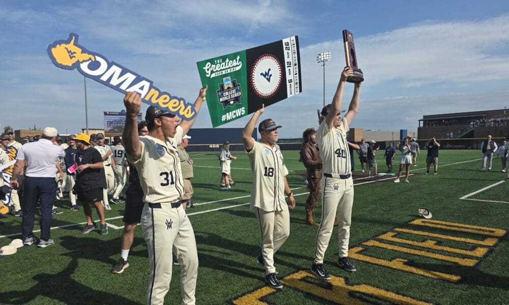 WVU Baseball celebrating Super Regional title