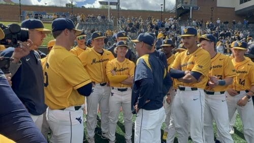 WVU Baseball HC Randy Mazey with WVU baseball team