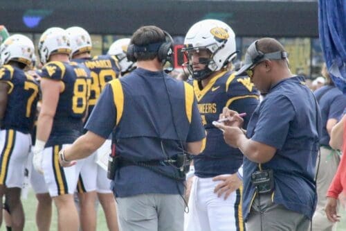 WVU Football Head Coach Neal Brown and QB Garrett Greene