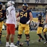 WVU Football Zach Frazer, Ja'Quay Hubbard and Tomas Rimac against Cincinnati