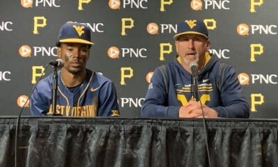 WVU Baseball head coach Randy Mazey and shortstop Tevin Tucker speak after Backyard Brawl at PNC Park