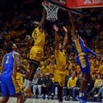 WVU Basketball Bren Lorient block against Pitt