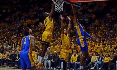 WVU Basketball Bren Lorient block against Pitt