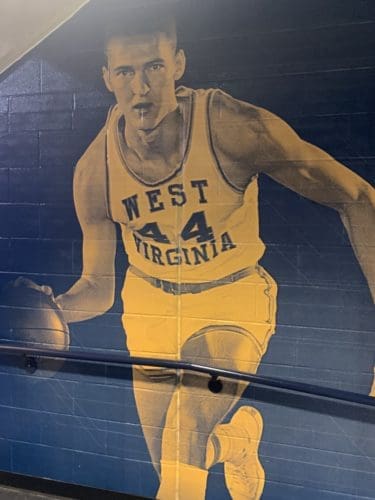 Jerry West on wall at WVU Coliseum