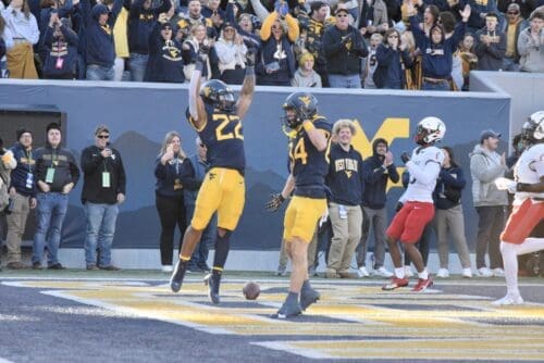 WVU Football RB Jahiem White celebrates TD