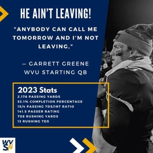 WVU Football QB Garrett Greene graphic on returning