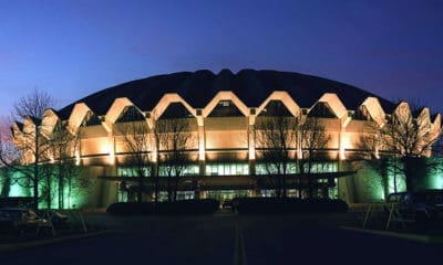 WVU Coliseum at night