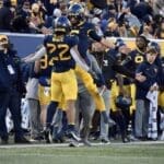 WVU Football Jahiem White and Garrett Greene celebrate