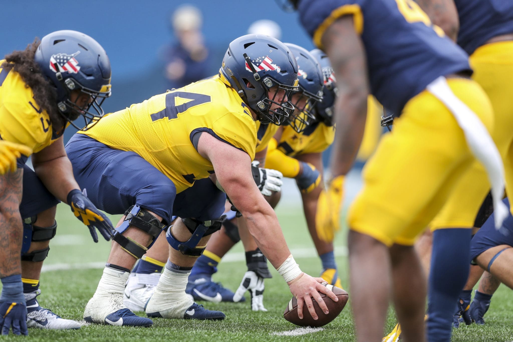 Zach Frazier with WVU offensive line at practice