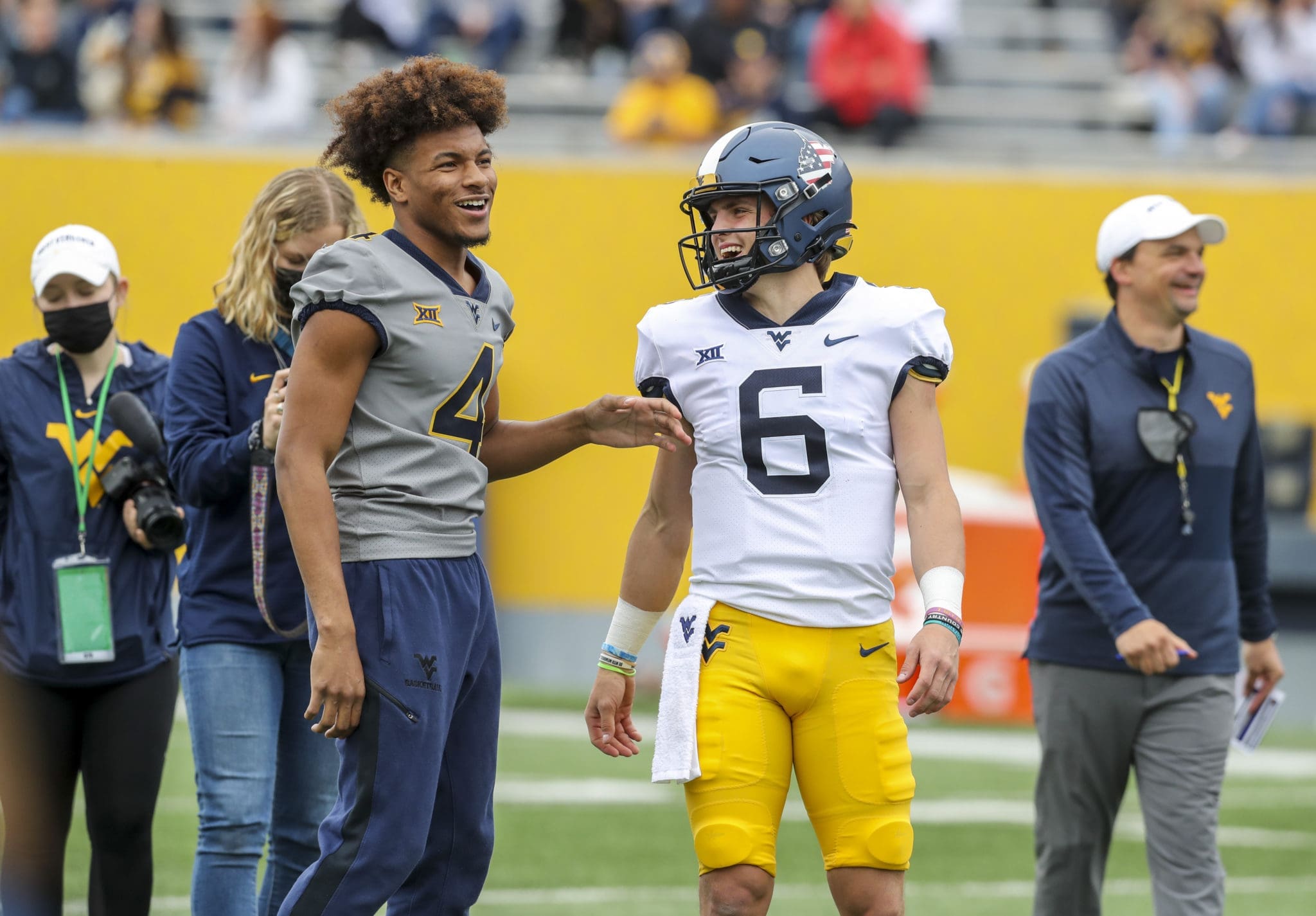 WVU Basketball star Miles McBride, WVU Football QB Garrett Greene and Neal Brown at Gold-Blue spring game
