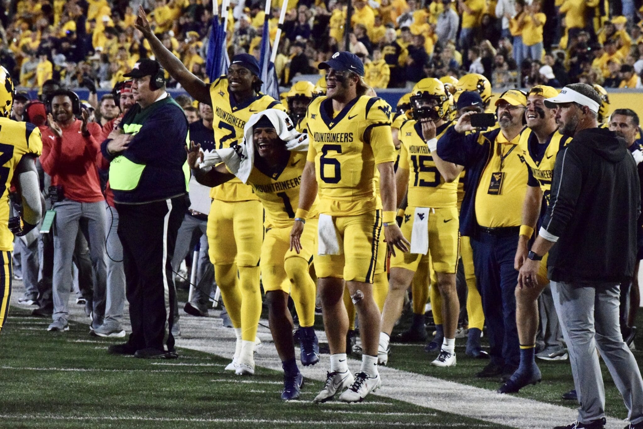 WVU Football sideline with Garrett Greene and Jahiem White