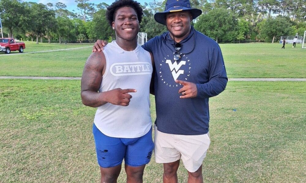 WVU Football DL recruit Christian Hudson and DL coach Andrew Jackson