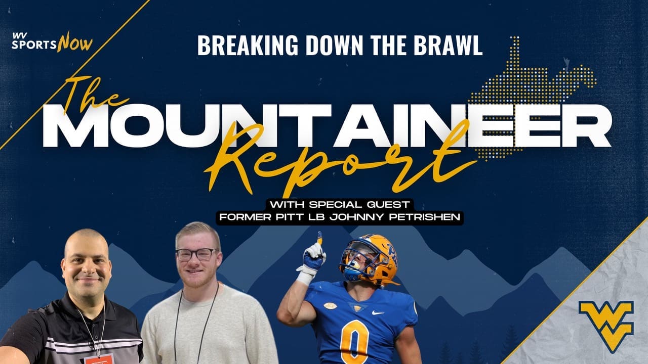 Mountaineer Report Backyard Brawl graphic with Johnny Petrishen