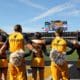 WVU cheerleaders on football field stock