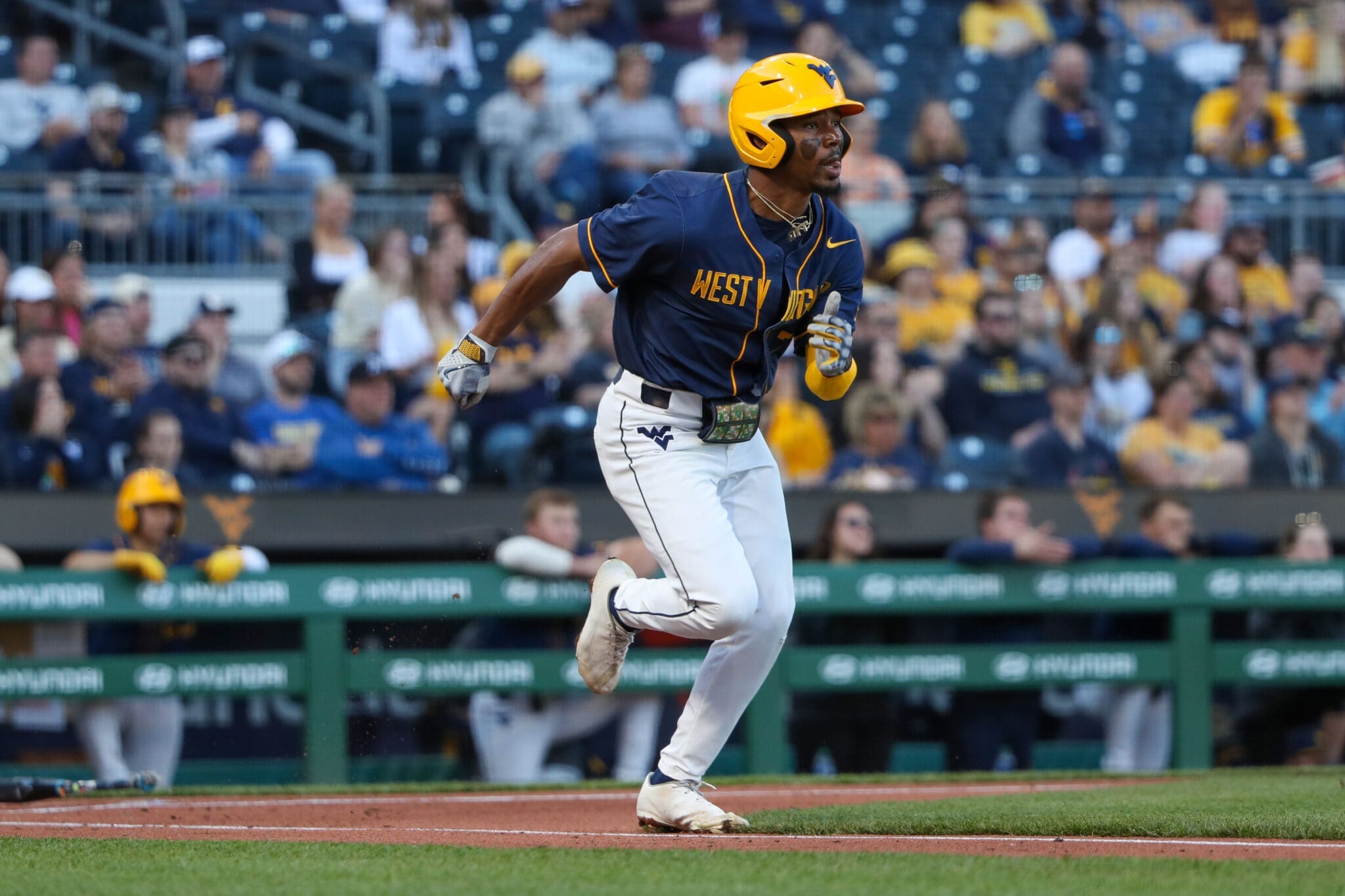 WVU Baseball SS Tevin Tucker after stealing home and then scoring at PNC Park.
