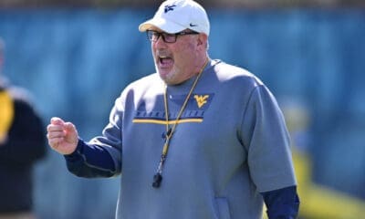 WVU Football OL Coach Matt Moore coaching WVU offensive line at spring practice