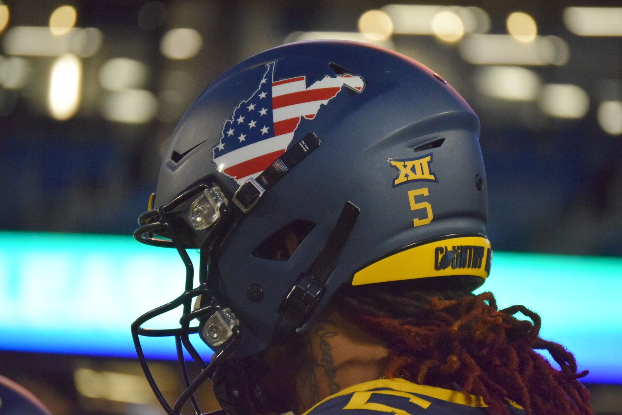 WVU Football US flag helmet stock