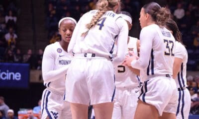 WVU women’s basketball huddle