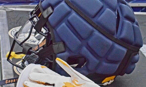 WVU Football helmet and gloves stock