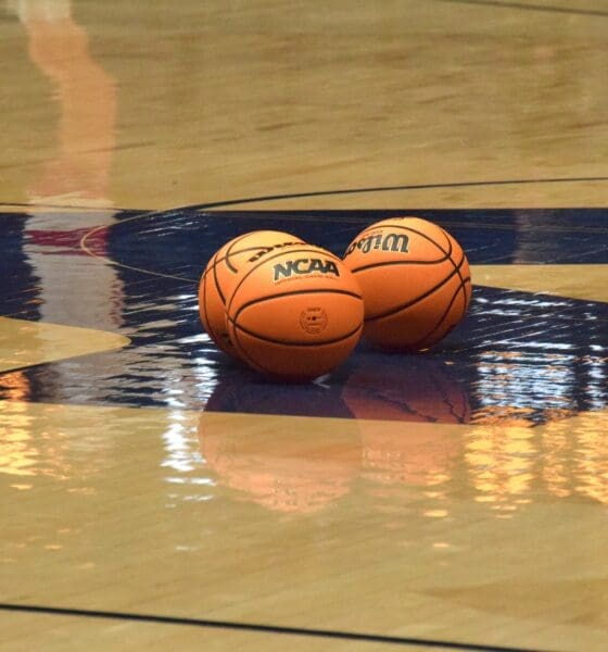 Balls on WVU basketball court stock