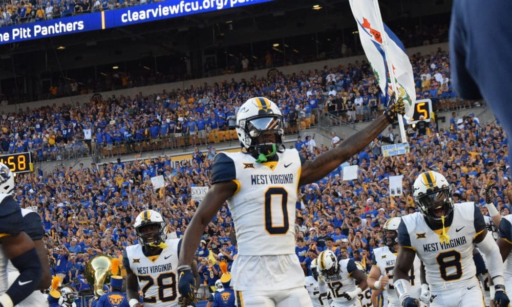 WVU Football WR Bryce Ford-Wheaton Flag at Pitt before Backyard Brawl