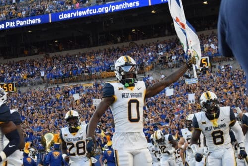 WVU Football WR Bryce Ford-Wheaton Flag at Pitt before Backyard Brawl