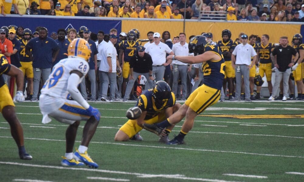 WVU Football kicker Kade Hensley makes a field goal versus Pitt