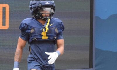 WVU Football RB Jahiem White wearing No. 1 at practice