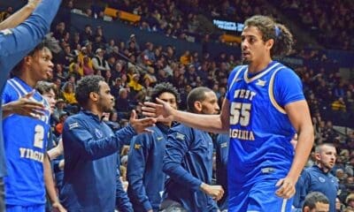 WVU Basketball Harlan Obioha and bench