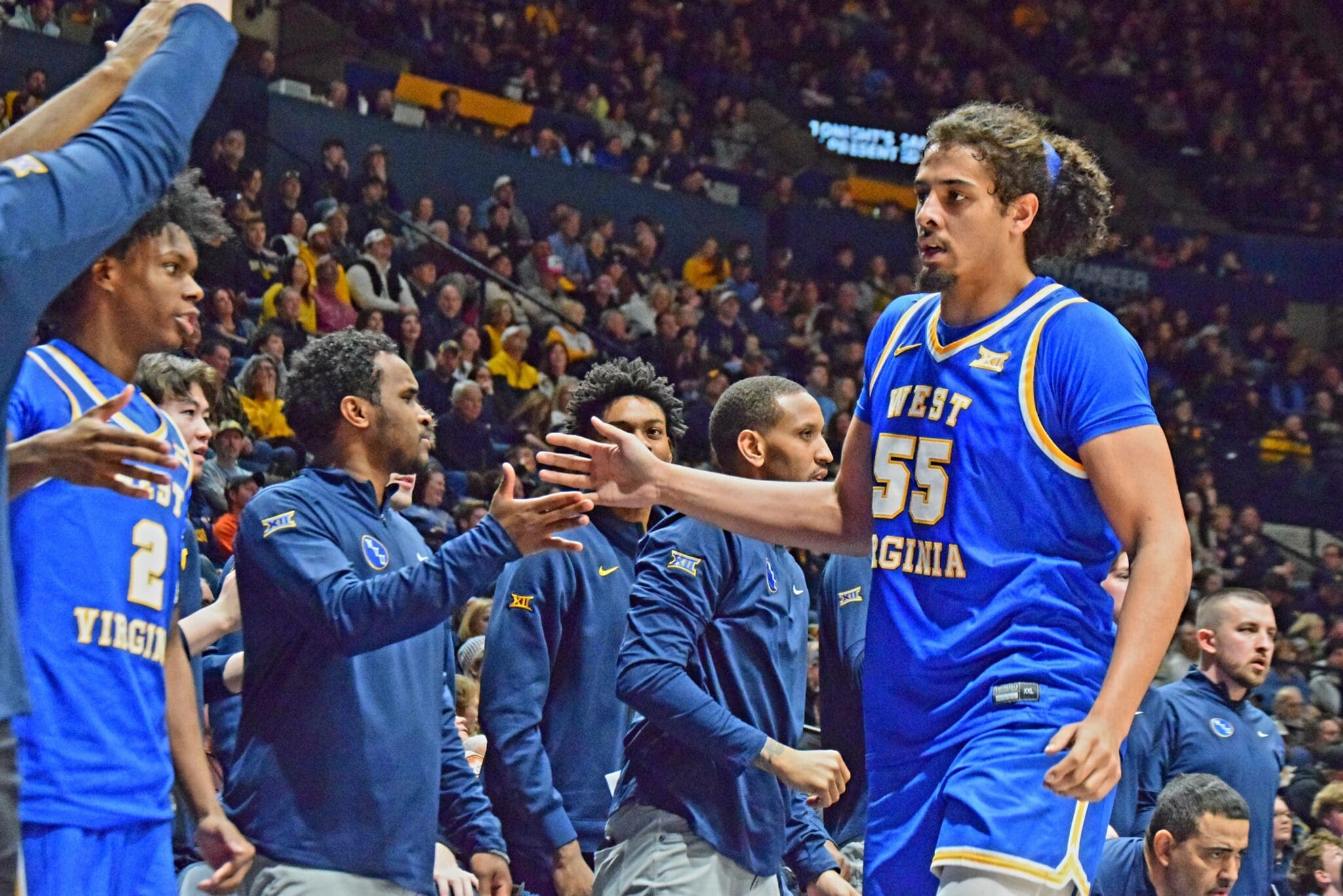 WVU Basketball Harlan Obioha and bench