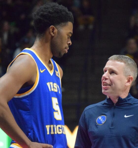 WVU Basketball HC Ross Hodge with DJ Thomas