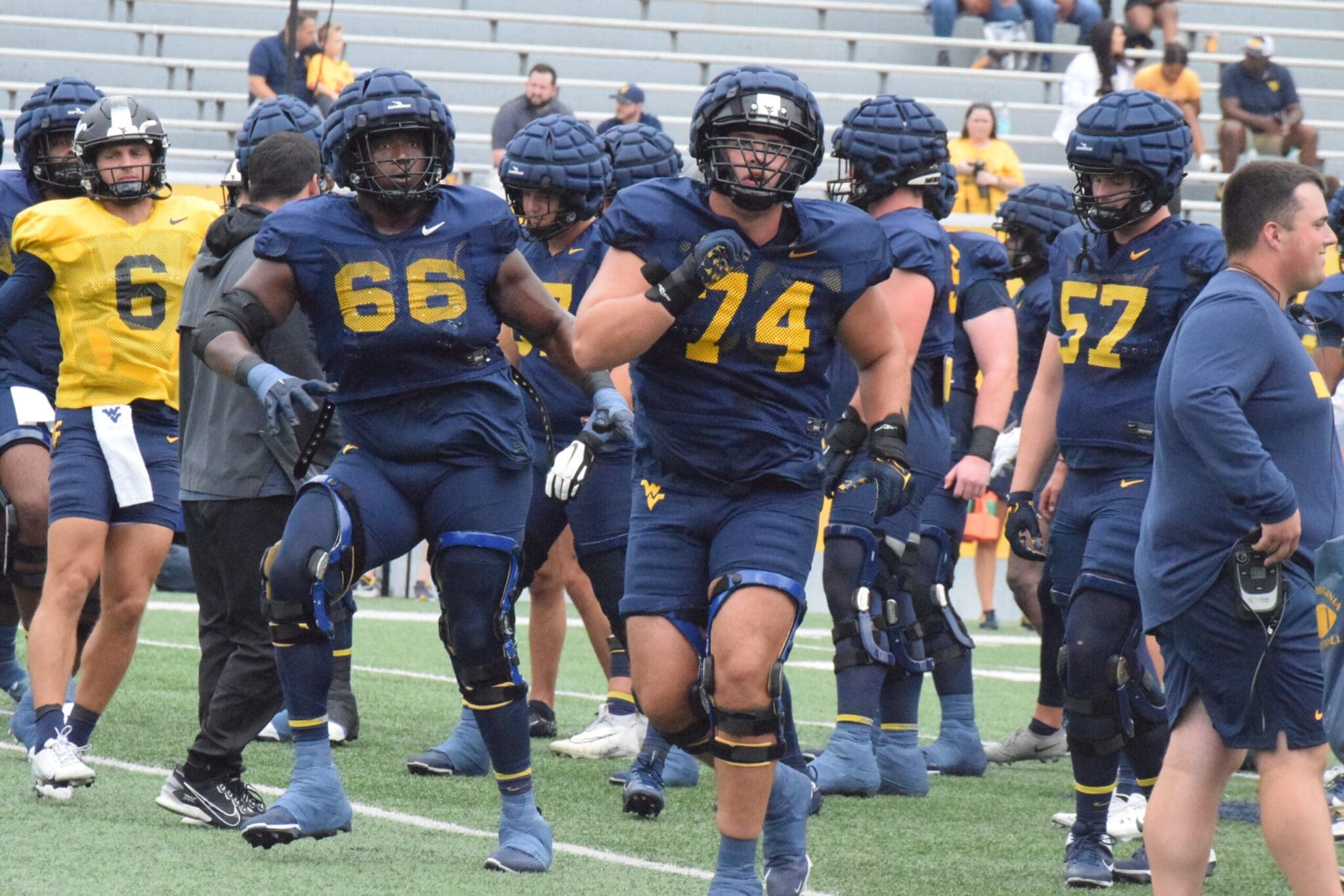 WVU Football Wyatt Milum, Ja’Quay Hubbard, Garrett Greene
