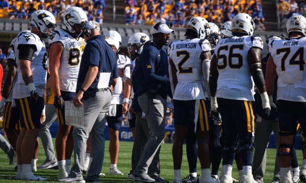 WVU Football offense with Bilal Marshall, Justin Robinson and Ja'Quay Hubbard