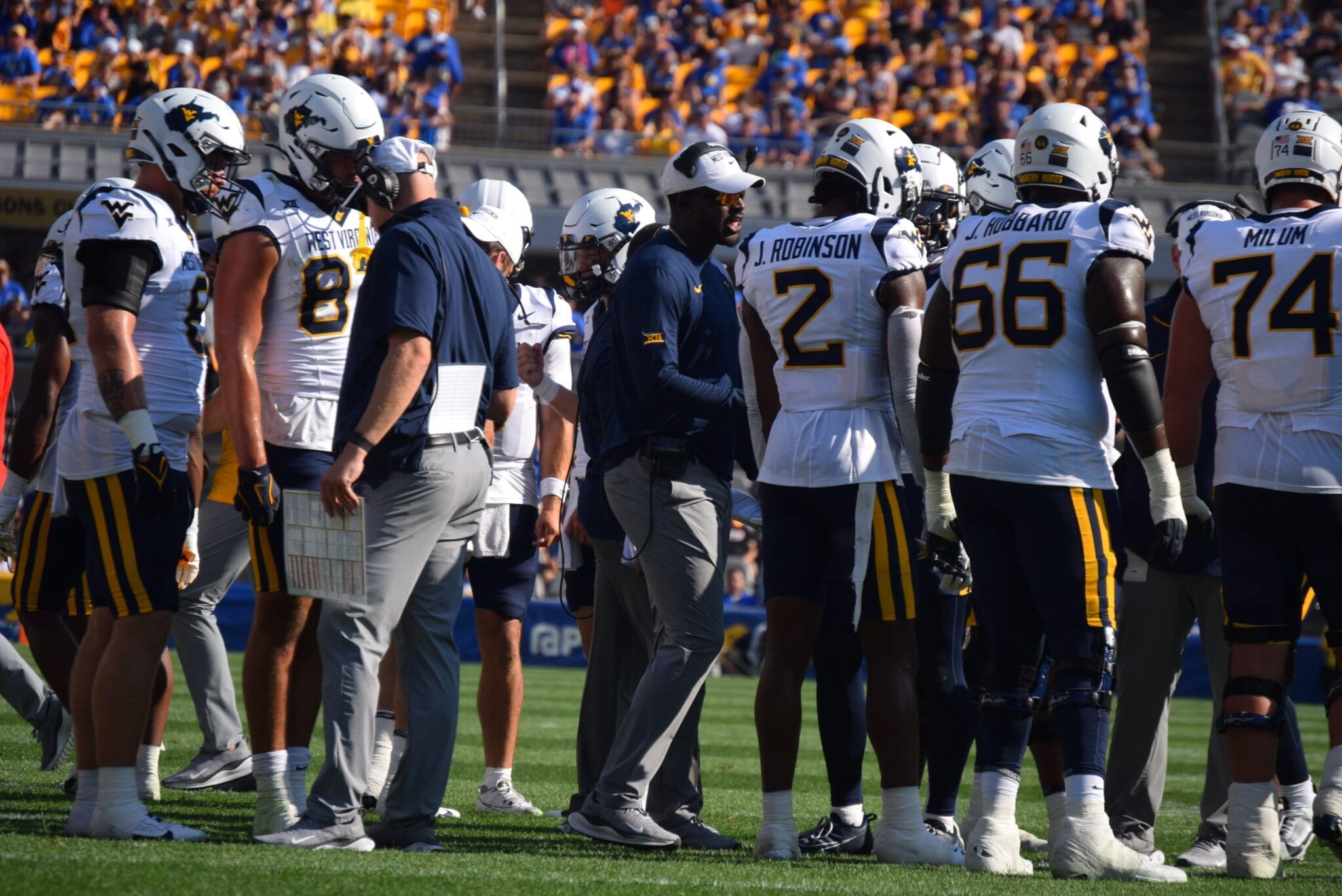 WVU Football offense with Bilal Marshall, Justin Robinson and Ja'Quay Hubbard