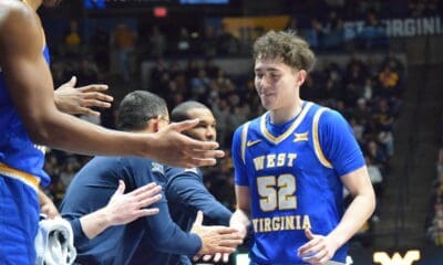 WVU Basketball Treysen Eaglestaff and bench