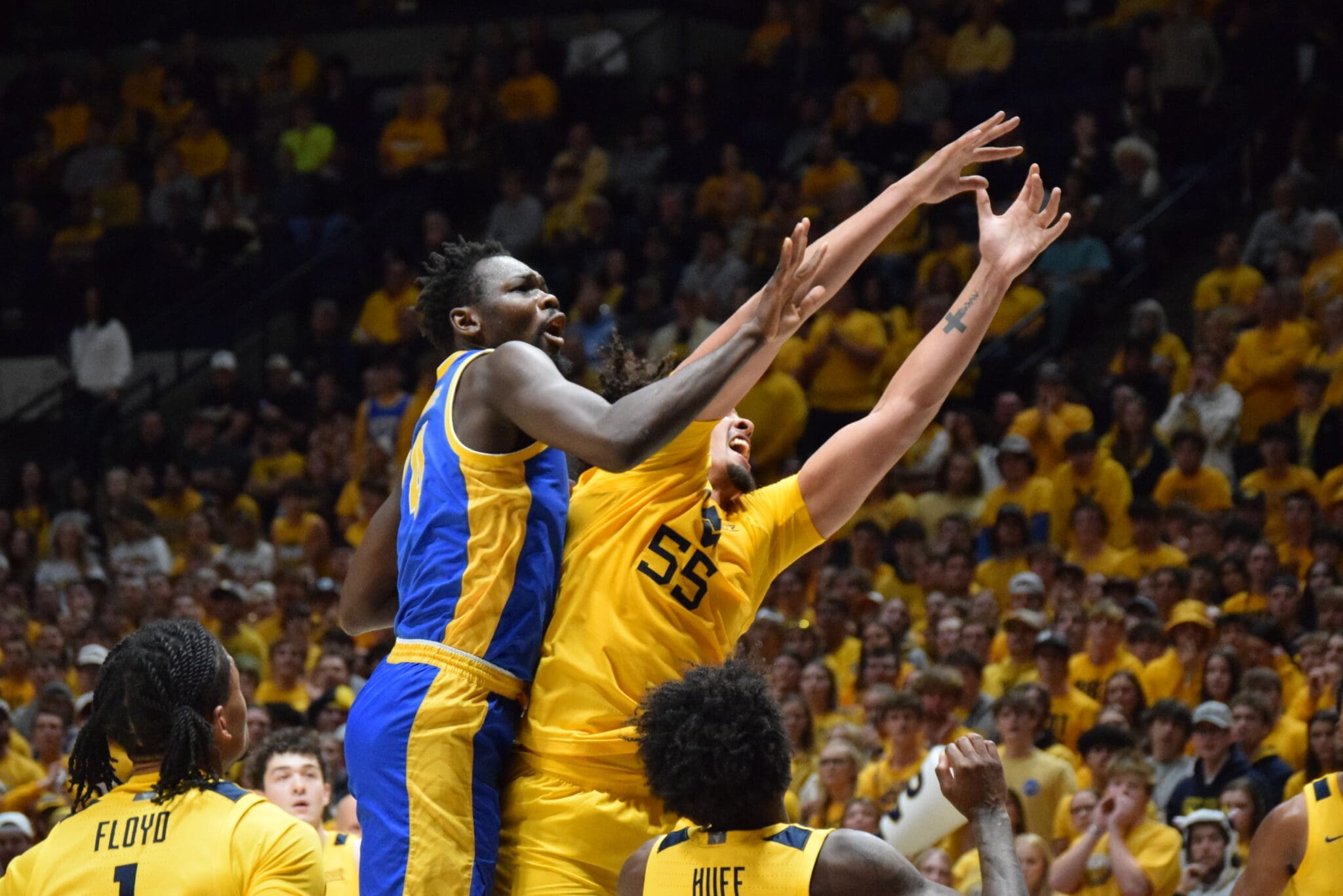 WVU Basketball big Harlan Obioha in Backyard Brawl against Pitt