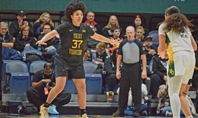 WVU Women's Basketball Célia Rivière playing defense