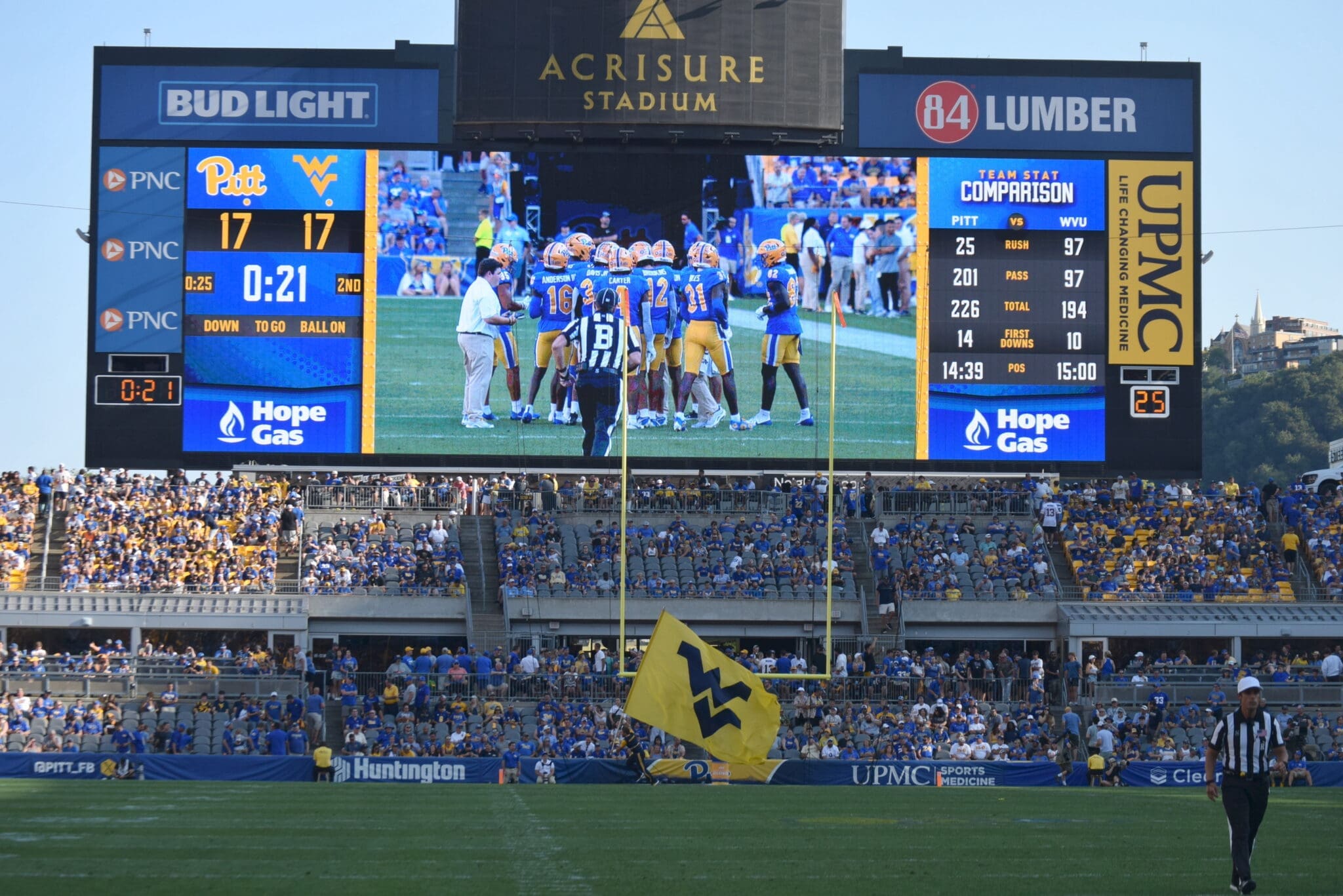 WVU Football flag at Acrisure Stadium during Backyard Brawl against Pitt