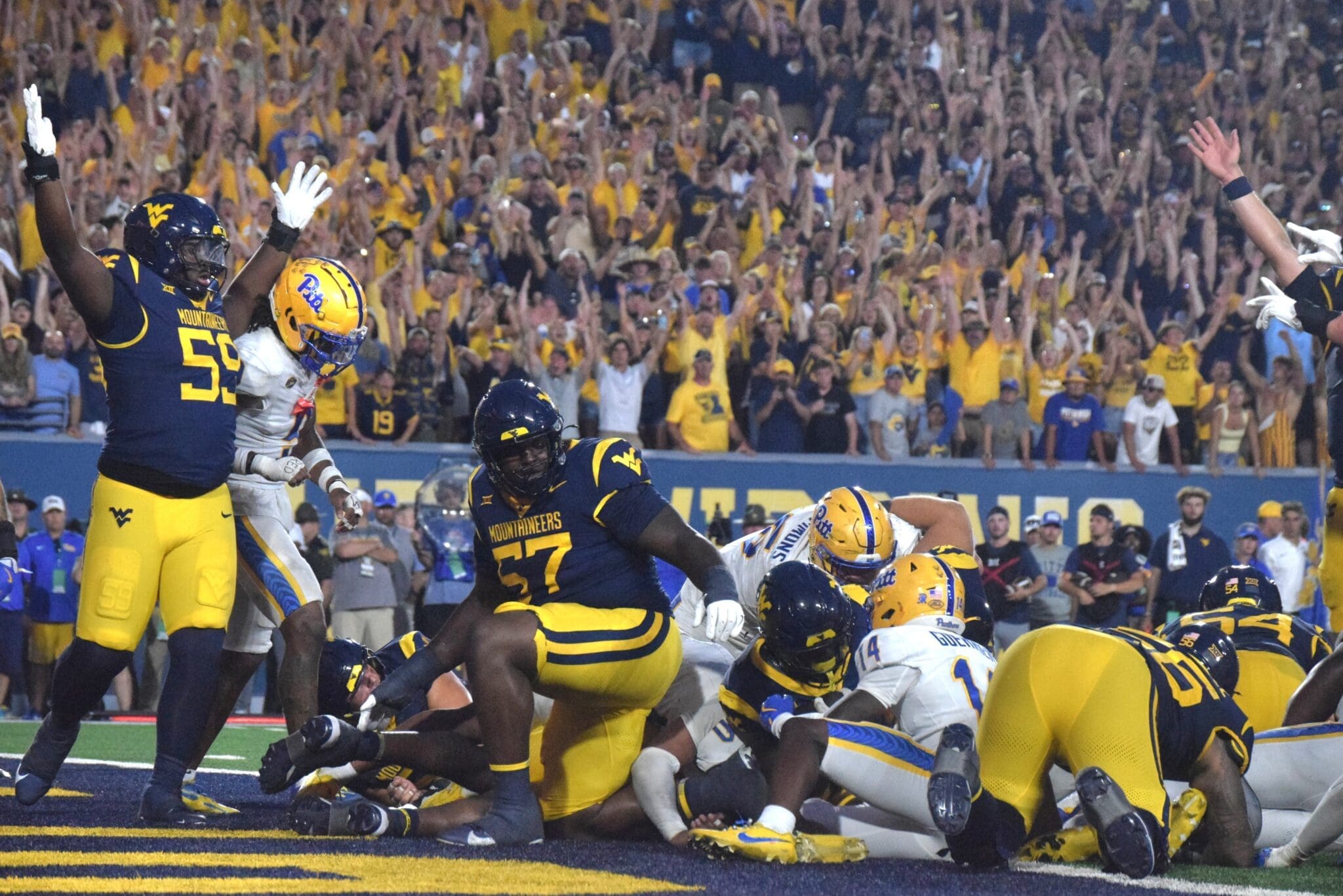 WVU Football celebrates during Backyard Brawl against Pitt