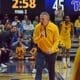 WVU Basketball Head Coach Ross Hodge screaming after beating Pitt in Backyard Brawl