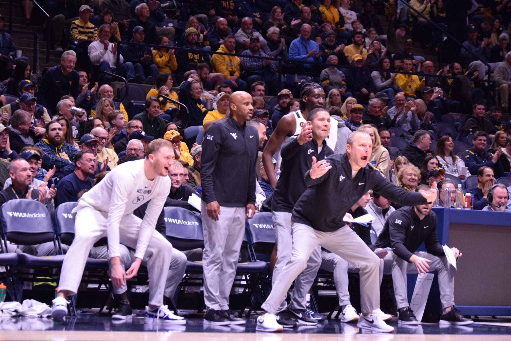 WVU Basketball Darian DeVries, Chester Frazier and Tucker DeVries celebrating