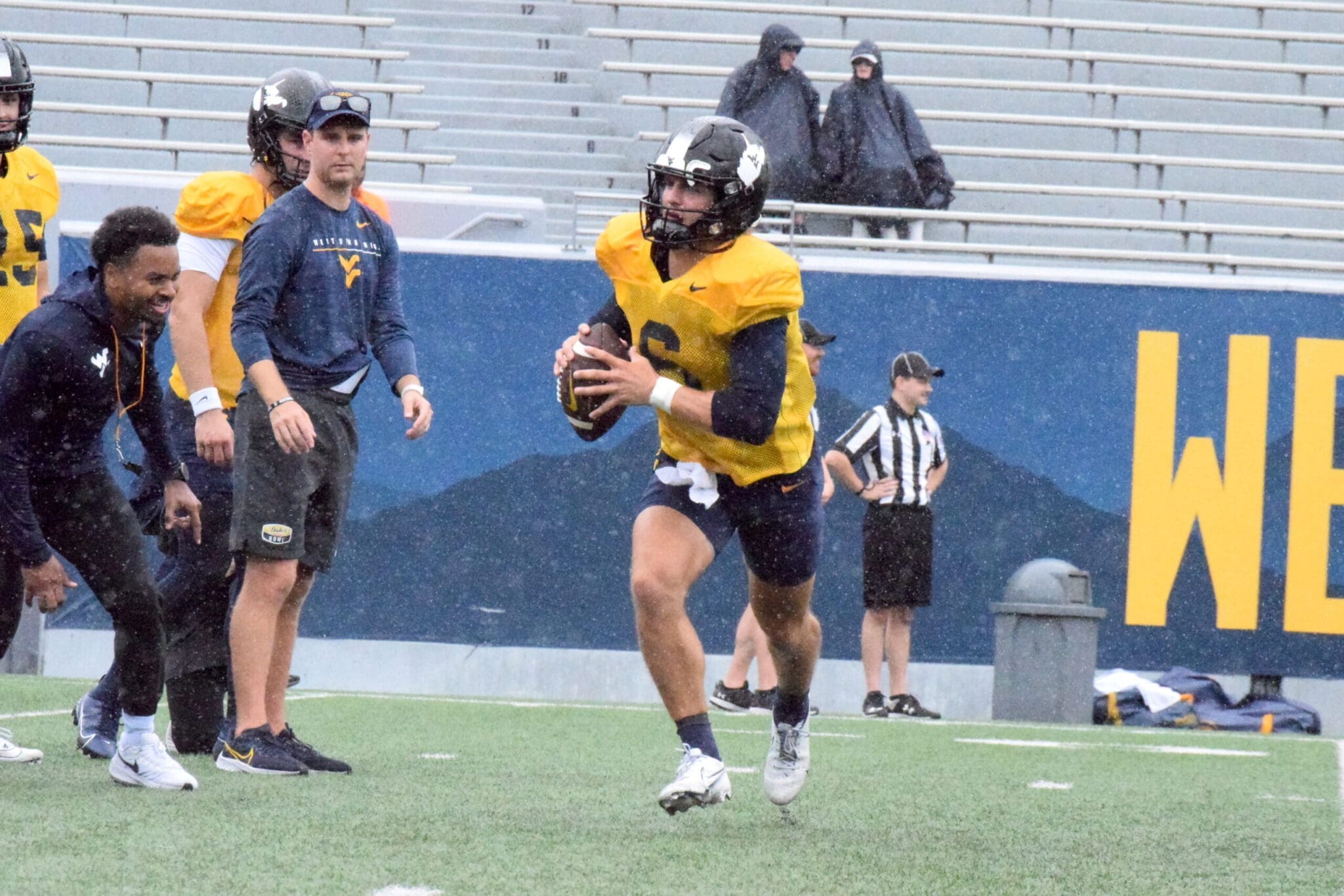 WVU Football Garrett Greene and QB coach Tyler Allen