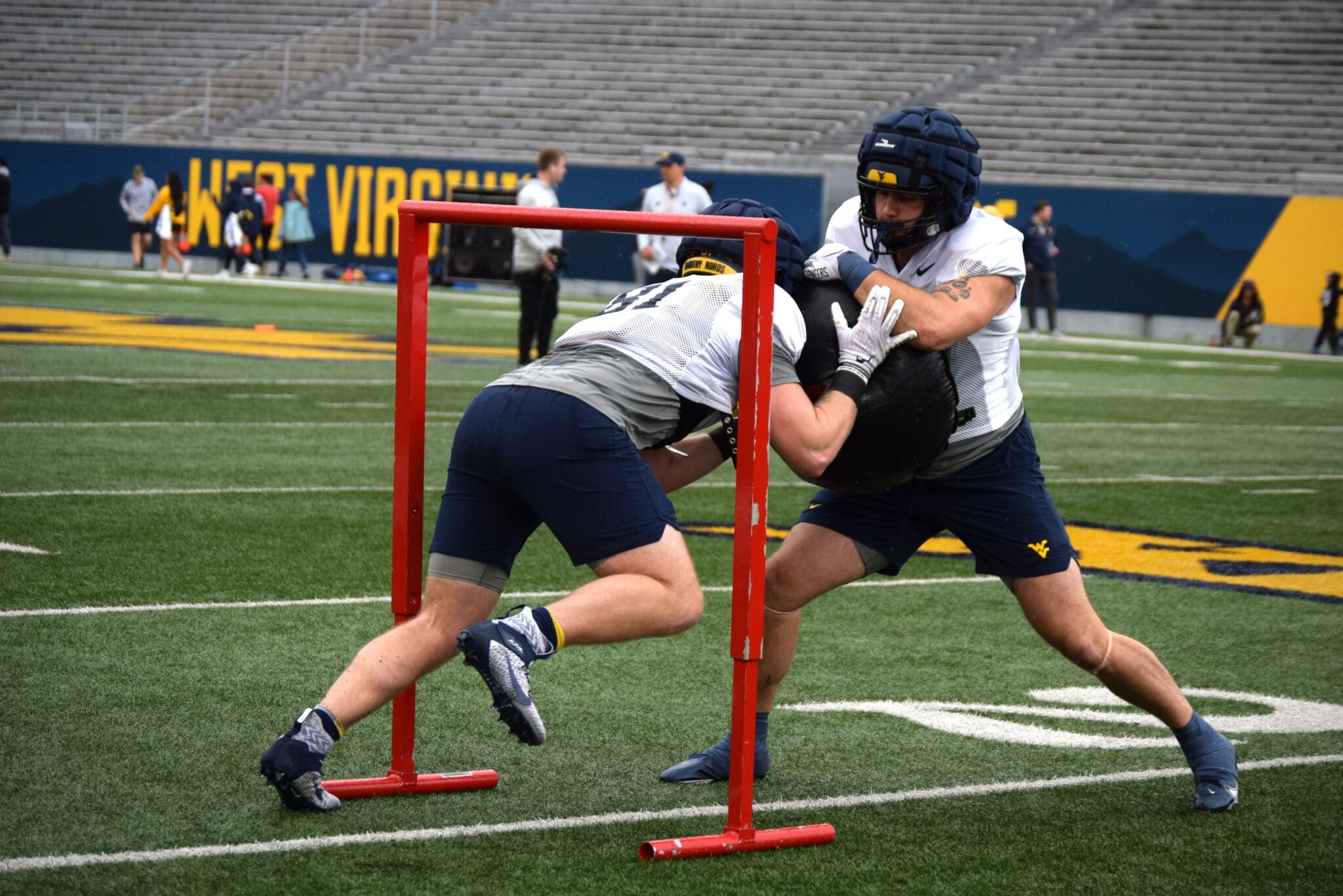 WVU football tight ends at practice