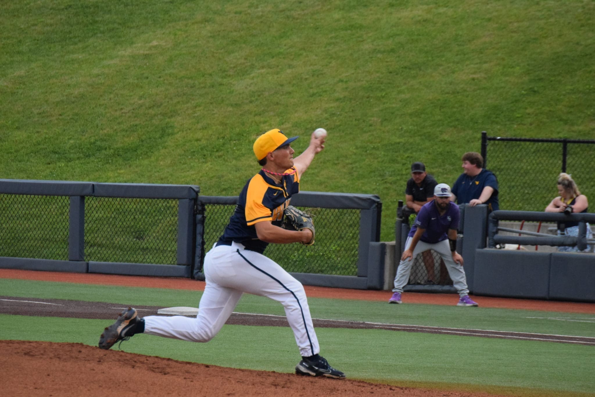 WVU baseball starter Ben Hampton pitches in a game against Kansas State in 2022.