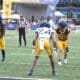 WVU Football WR John Neider lining up in front of the end zone during a scrimmage