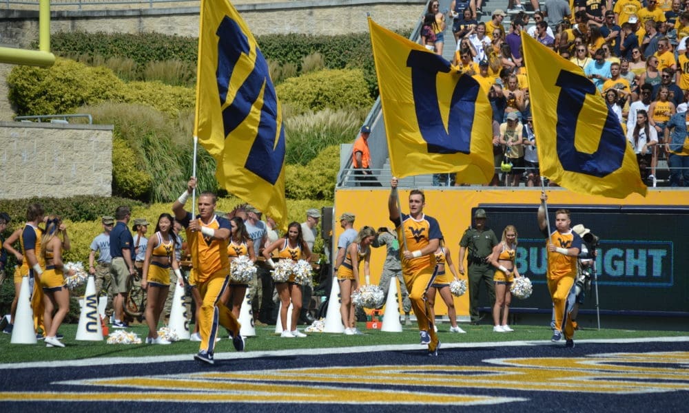 WVU football flags in end zone