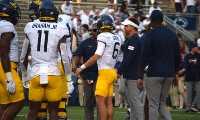 WVU Football HC Neal Brown, Garrett Greene and Chad Scott
