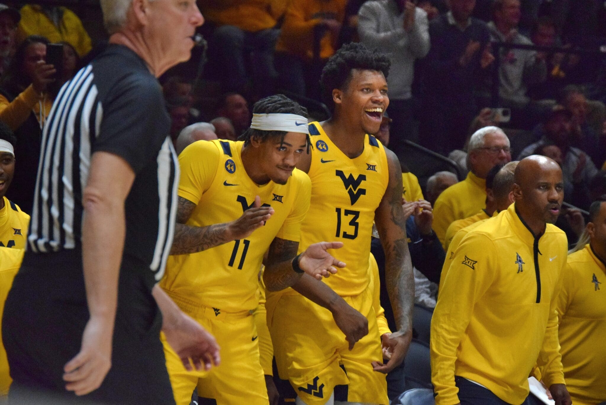 WVU Basketball Bench - Amani Hansberry and Jonathan Powell